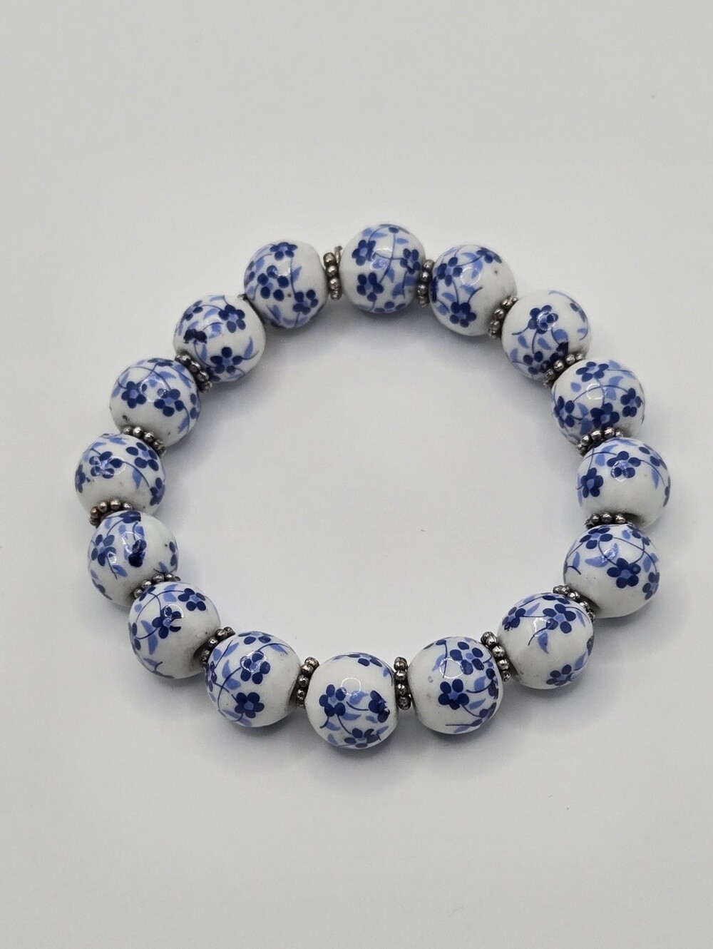 Blue and White Ceramic Bead Stretch Bracelet